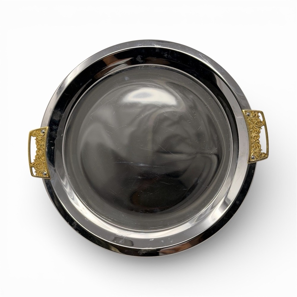 Vintage Kromex 13.5" Chrome Round Serving Tray Gold Handles Mid Century Modern